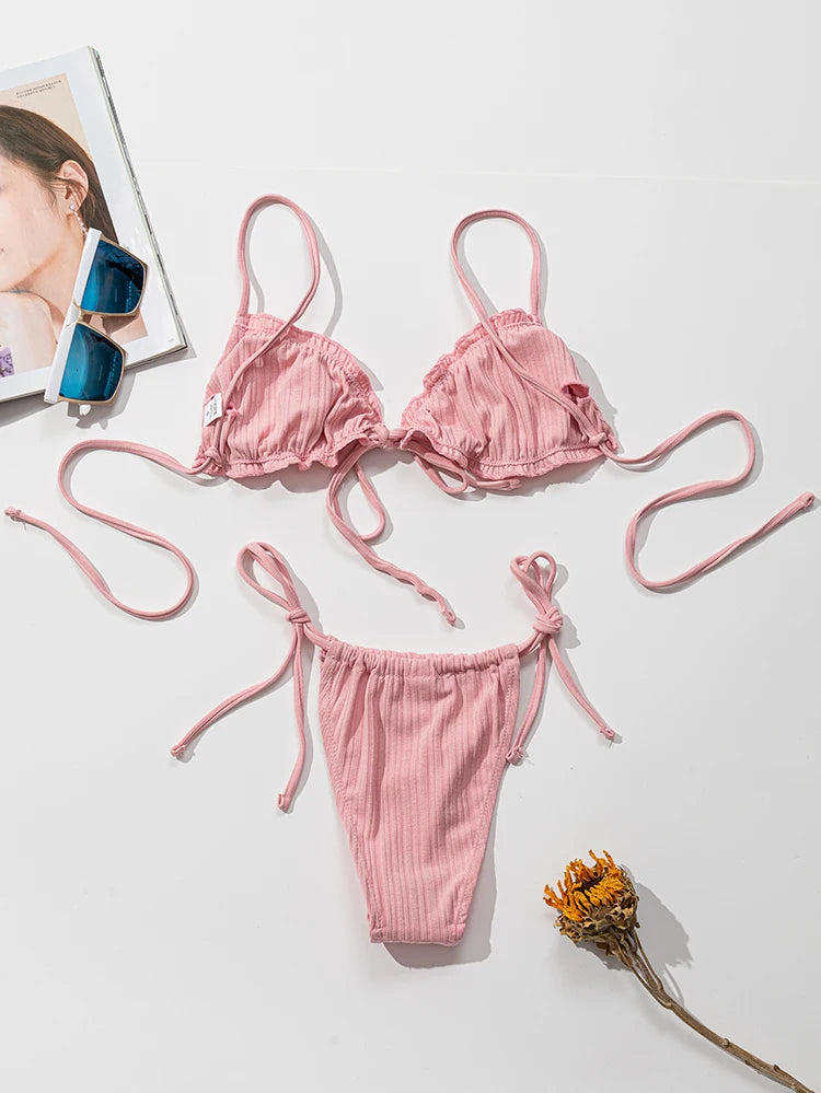 New  Sexy Swimsuit Pit stripe Bikini Women Swimwear  Bathing Suits Push Up Biquinis Bandage Beachwear Solid Bikini Sets