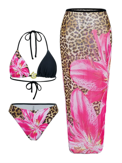 New Flower Print Bikini Set Women's High Waist Long Skirt 3 Piece Swimsuit Sexy Mini Triangle Backless Thong Bathing Suit