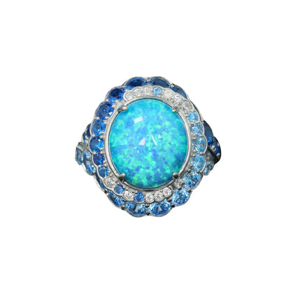 TLS 925 Sterling Silver Rhodium Plated High Carbon Diamond Cabochon Opal Blue Diamond Surrounding Star Ring for Gift