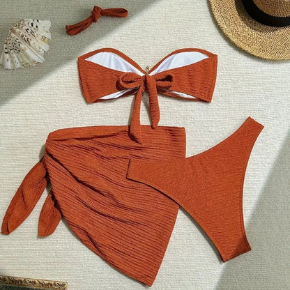 Metal Starfish Brown Bandeau Bikinis Sets 3 Piece Sexy Swimsuits Cover Up Women 2025 Holiday Swimwear High Cut Bather Beach Wear