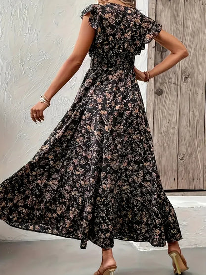 Plus Size 1XL-5XL Women's Fashion Summer Floral Print V-Neck Ruffle Hem Dress Ladies Short Sleeve Elegant Flare Dress Long Dress