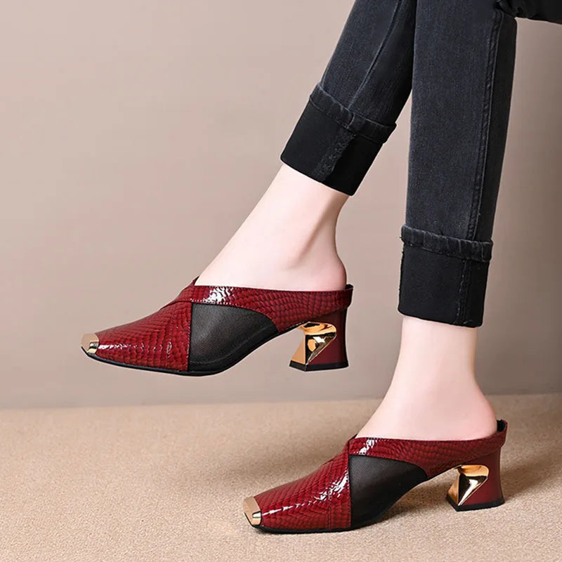 Women's outdoor sandals snakeskin thick heel mesh half slippers square toe sandals