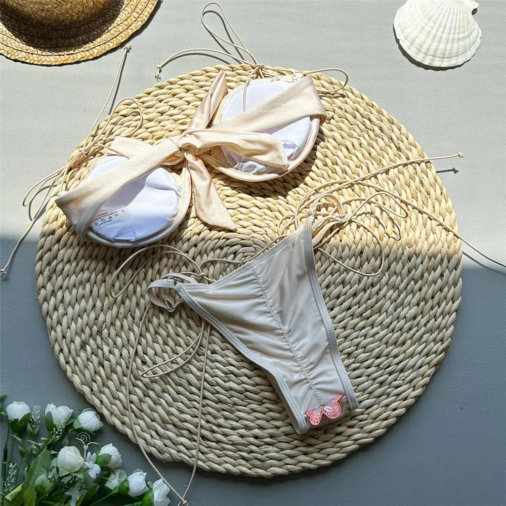 Beige Shiny Flower Embroidery Swimwear Thong Micro Push Up Bikini Set Sexy Swimsuit Women 2025 Bathing Suit String Bikinis Mujer