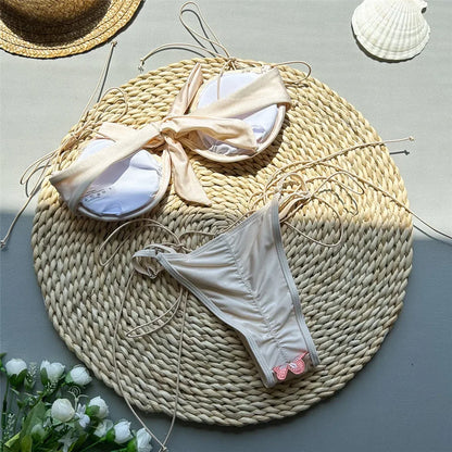 Beige Shiny Flower Embroidery Swimwear Thong Micro Push Up Bikini Set Sexy Swimsuit Women 2025 Bathing Suit String Bikinis Mujer