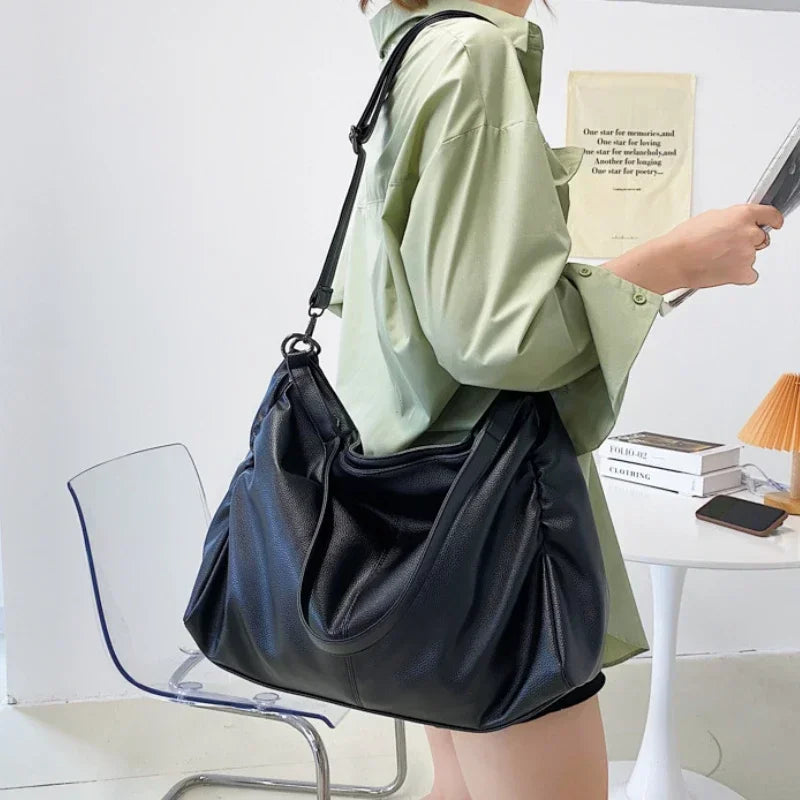 Big Black Shoulder Bags for Women Large Hobo Shopper Bag Solid Color Quality Soft Leather Crossbody Handbag Lady Travel Tote Bag