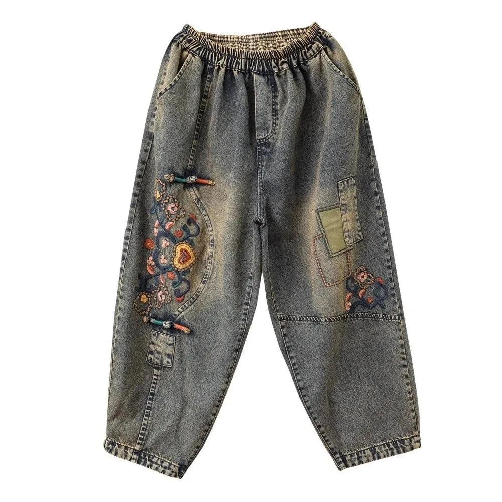 Artistic Retro Embroidered Jeans Women's Wear 2025 Spring Autumn New Loose High Waist Elastic Denim pants Female Casual Trousers
