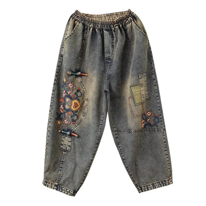 Artistic Retro Embroidered Jeans Women's Wear 2025 Spring Autumn New Loose High Waist Elastic Denim pants Female Casual Trousers