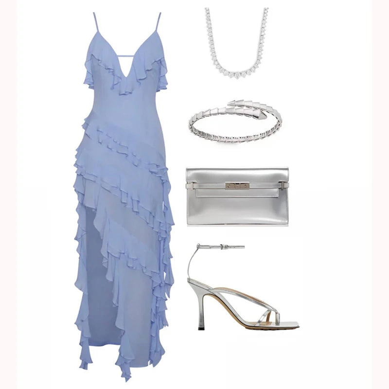 Women Dress Summer Hotsweet Tierred dress Fashion asymmetrical Spaghetti Strap long dresses Sexy lady Holiday Beach Dresses