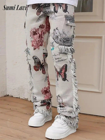 2025 Spring Summer Streetwear Jeans Mens Vintage Butterfly Print Straight Jean Pants Men Stylish Tassel Designer Denim Trousers