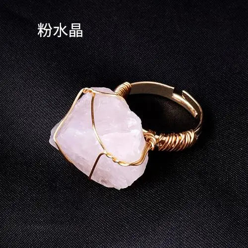 10-20mm Amethyst Rose Quartz Fluorite Natural Stone Irregular Gem Mineral Ring Jewelry Adjustable Hand Woven Ring