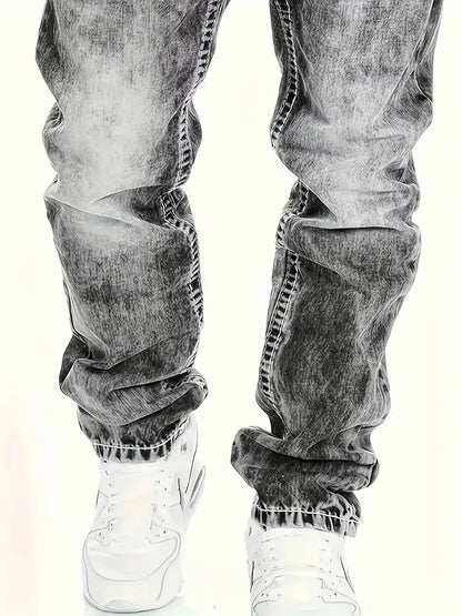 1pc Men's Casual Slim-Fit Stretch Jeans, Fashionable Street-Style Gradient Denim Pants with Washed-Out Look, Regular Fit, Machin