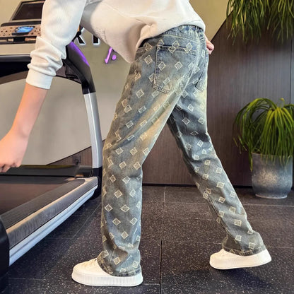 Light Blue Full Print Jacquard Jeans for Men, Niche Design, Curved Knife Pants, American High Street Vibe Straight Leg Pants