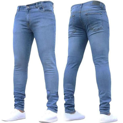 Solid Color Fashion Men Casual Pants Stretch Jeans Skinny Work Trousers Male Wash Slim Fit for Zippered Jeans Men Clothing