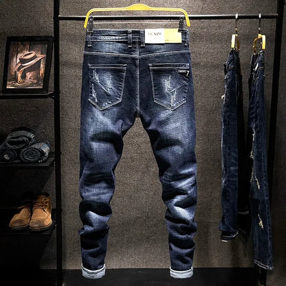 American High Street Men's Jeans Trendy Ripped Worn-out Hole Punch Elastic Straight Cut Slim Fit Streetwear Pant for All Seasons