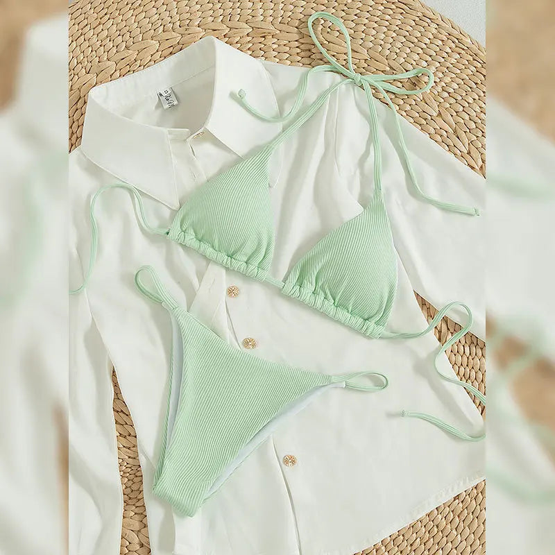 Special Pit Stripe Fabric Bikini Set Women Sexy Simple Solid Halter Bikini Swimsuit High Waisted Lace Up Beach Bathing Suit