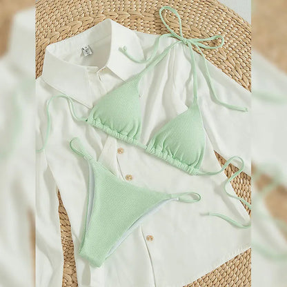 Special Pit Stripe Fabric Bikini Set Women Sexy Simple Solid Halter Bikini Swimsuit High Waisted Lace Up Beach Bathing Suit