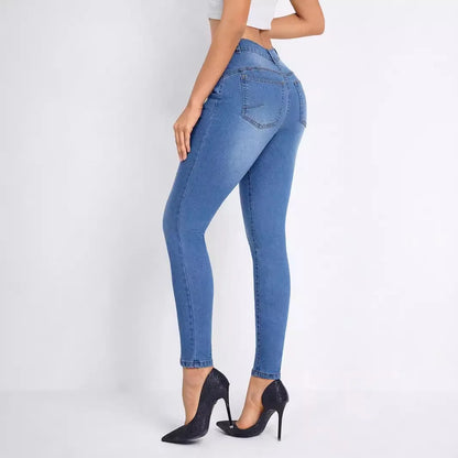 Women Clothing Skinny Solid Ankle Length Jean Washed Zipper Fly Denim Pants High Waist Jeans Spliced Casual Slim Pockets