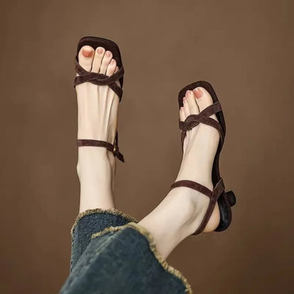 High-quality coffee-colored narrow-band designed slim-fitting sandals, large-sized summer fashionable open-toe high heels