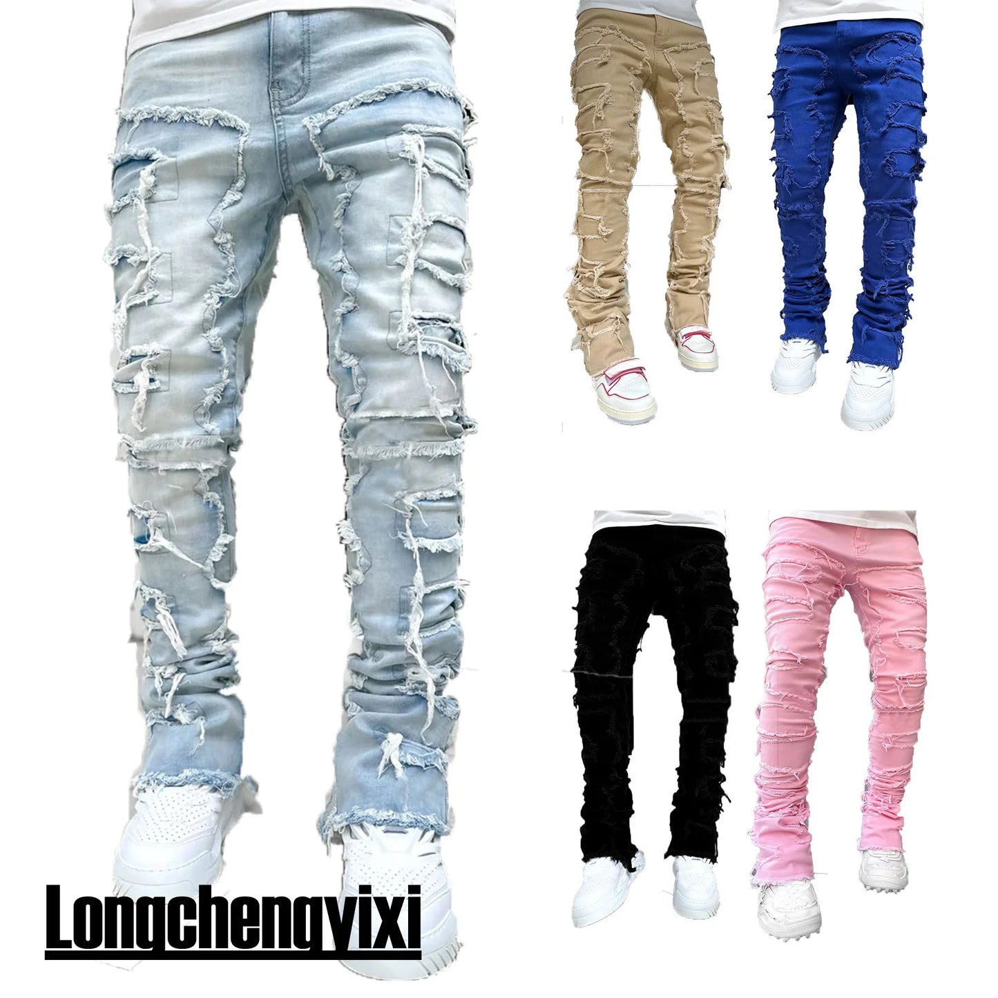 new Patch denim straight-leg pants retro jeans street fashion ins explosive style elastic new men's fashion retro denim trousers