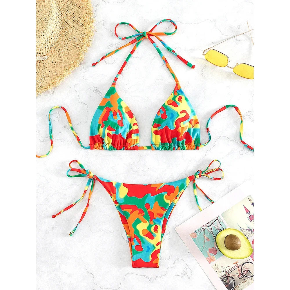 Tie Dye Micro Bikini 2025 Women Swimsuit Female Swimwear Thong Bathing Suits Sexy Bikinis Sets Lace Up Brazilian Halter Biquini