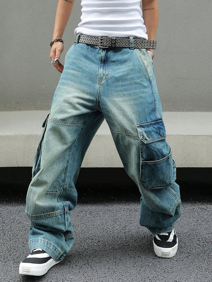 Men's Baggy Denim Cargo Pants Multi-Pocket Wide-Leg Jeans Vintage Washed Loose Fit Streetwear Style