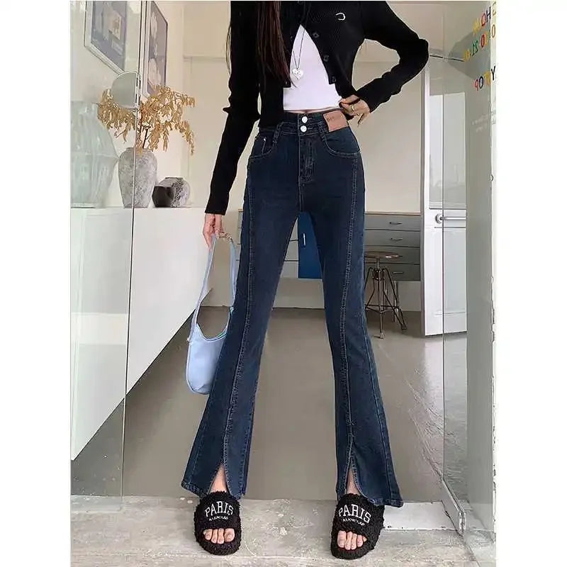 High Waist Bell Bottom Jeans for Women Sexy Lace up Design Split High Street Style plus Size Pear Shaped Body Slimming Trousers
