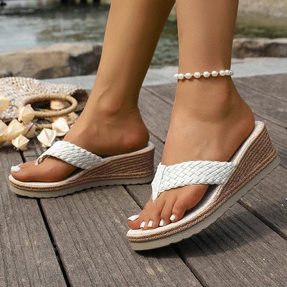 Fashion Woven Band Wedge Flip Flops for Women Summer Thick Sole Beach Slippers Woman Lightweight Comfort Clip Toe Sandals Female