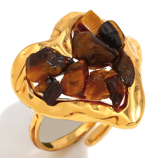 Stainless Steel Rings Plated 18k Gold Color Statement Jewelry Natural Stone Adjustable Waterproof Daily Rings For Women Gift