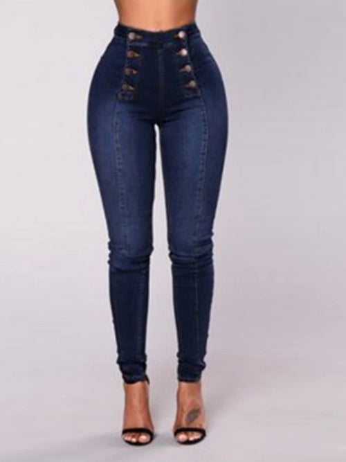 Sexy Stretchy Jeans Women High-waisted Double Breasted Slim Denim Pants Elastic Waist Female Fashion Tight Skinny Denim Trousers