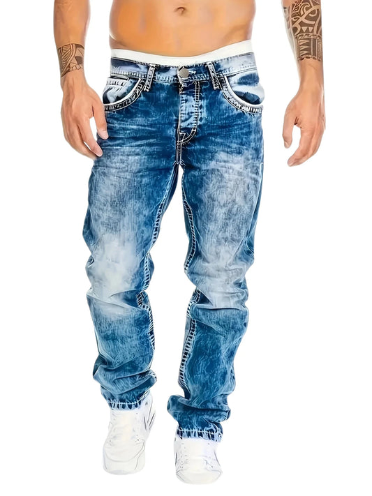 1pc Men's Casual Slim-Fit Stretch Jeans, Fashionable Street-Style Gradient Denim Pants with Washed-Out Look, Regular Fit, Machin