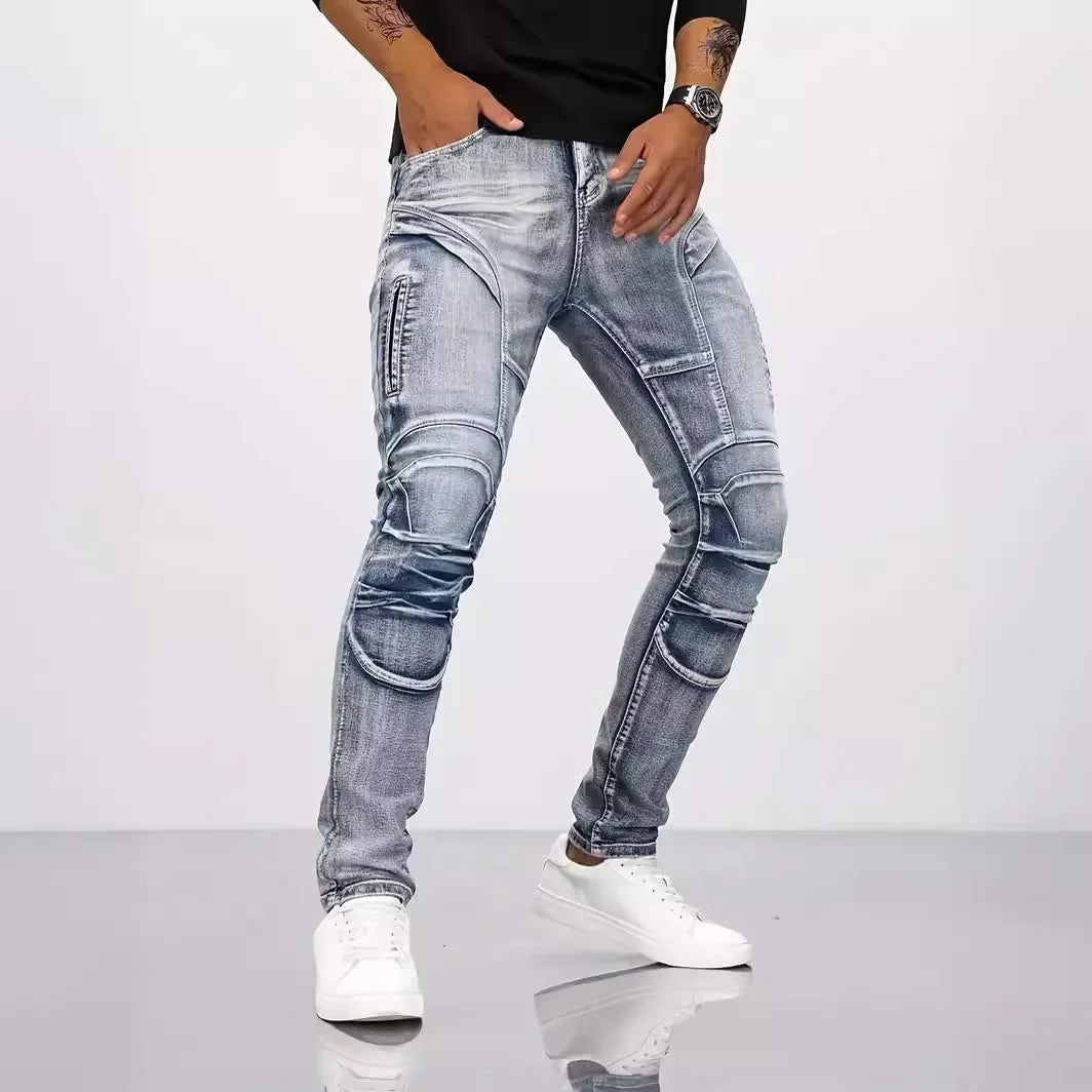 Pencil Jeans Men Ankle Length Denim Pants Washed Ripped Jeans Spliced Patchwork Pockets Slim Fit Moto Biker High Waist Man