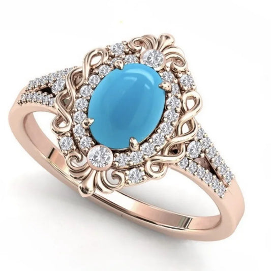 European and American new women's fashion retro court style blue turquoise engraved ring