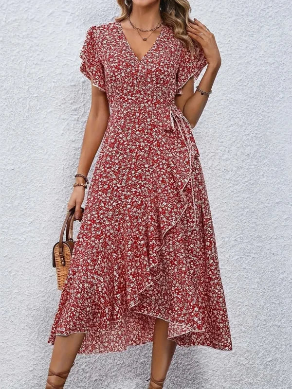 Plus Size 1XL-5XL Women's V-Neck Floral Print Dress Breathable Summer Casual Elegant Dress Sophisticated Style Long Beach Dress