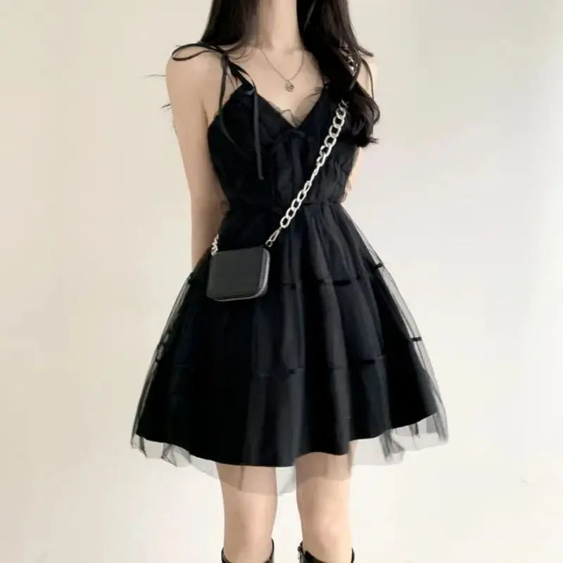 REALEFT Summer Y2k Black Mesh Women's Ball Gown Dresses 2025 New Sleeveless Strapless V-neck Party Sexy Mini Dress for Womens