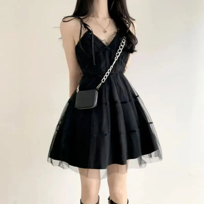 REALEFT Summer Y2k Black Mesh Women's Ball Gown Dresses 2025 New Sleeveless Strapless V-neck Party Sexy Mini Dress for Womens