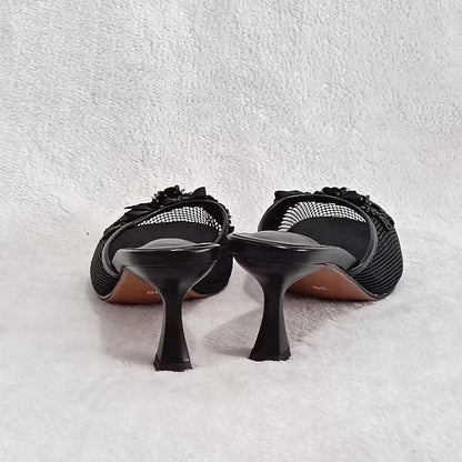 Summer mesh flower beads women slides sexy thin heel sandals