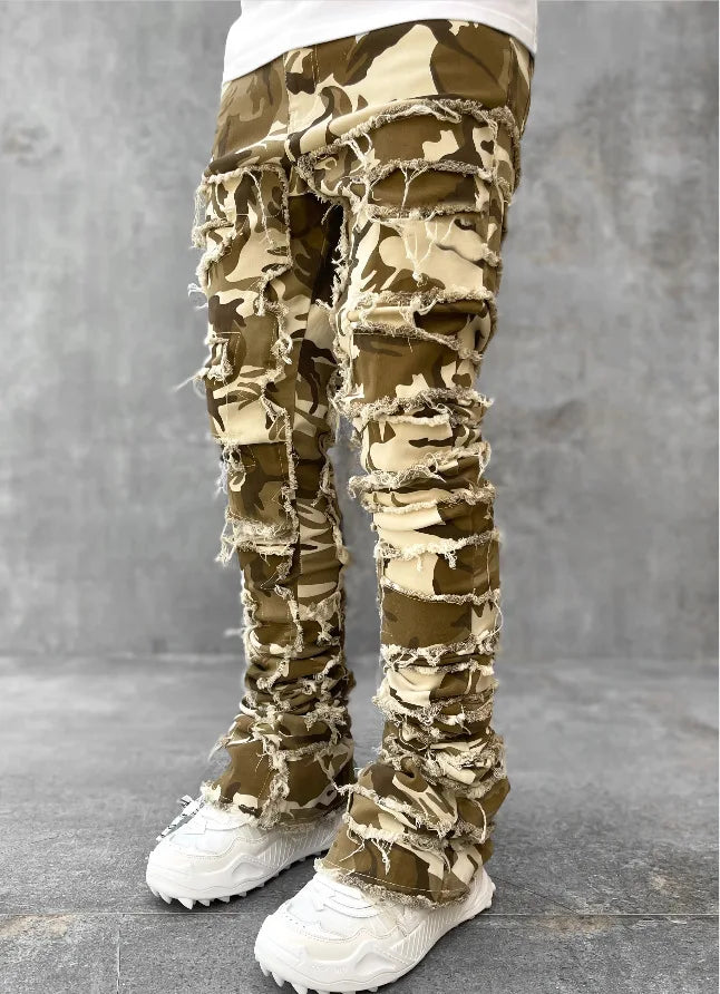Spliced Distressed Denim Pants Men Jeans Ripped Mid Waist Pockets High Street Jean Skinny Washed Ankle Length Pencil Pants