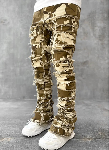 Spliced Distressed Denim Pants Men Jeans Ripped Mid Waist Pockets High Street Jean Skinny Washed Ankle Length Pencil Pants