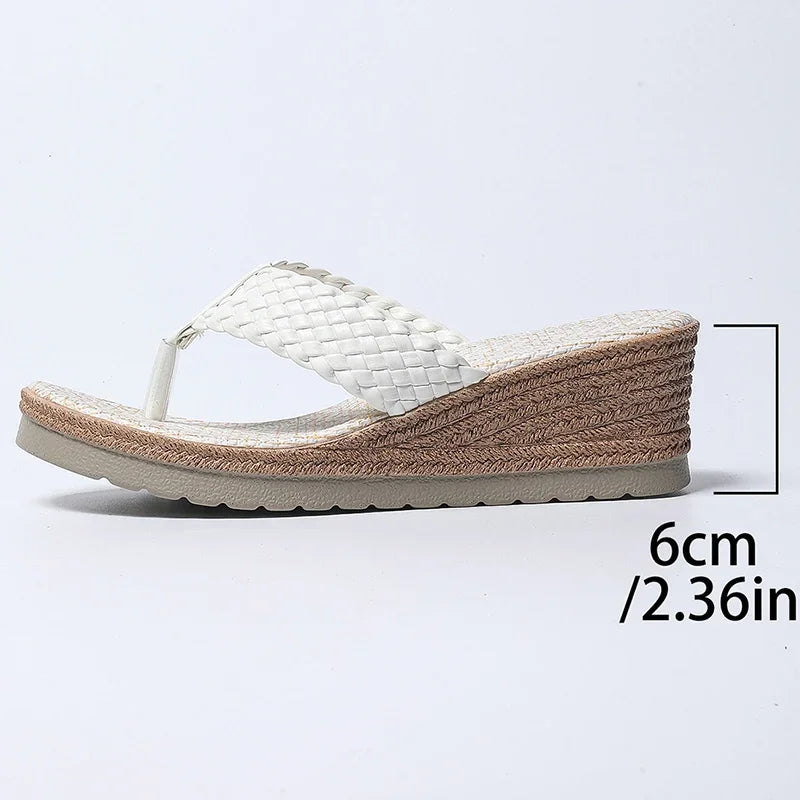 Fashion Woven Band Wedge Flip Flops for Women Summer Thick Sole Beach Slippers Woman Lightweight Comfort Clip Toe Sandals Female
