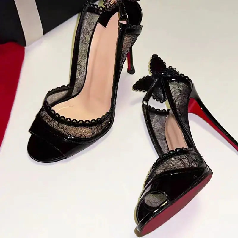 Sexy Lace Bowknot Thin High Heels Women Fish Mouth Elegant Designer Striptease Banquet Dress Shoes Fashion Brand Sandals Women