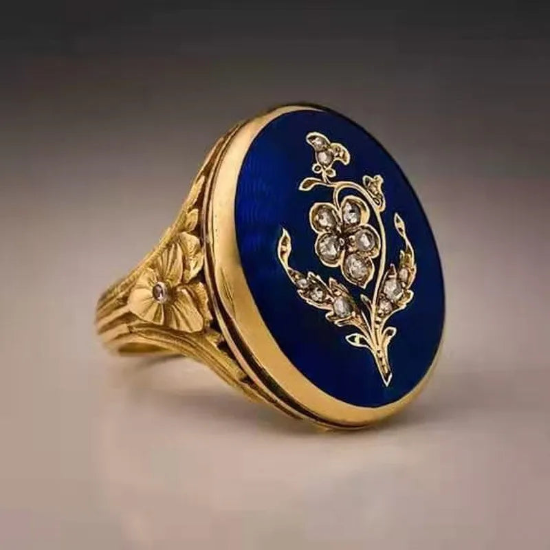 Punkboy Vintage Ink Blue Enamel Flower Ring Male Simple Design Engraved Signet Rings for Mens Gothic Punk Party Jewelry