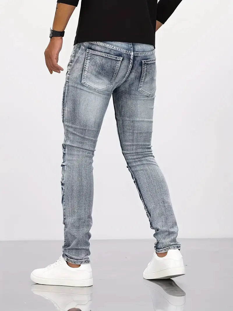 Two tone distressed patchwork jeans for men trendy jeans for summer thin straight leg pants slim fit small leg distressed jeans