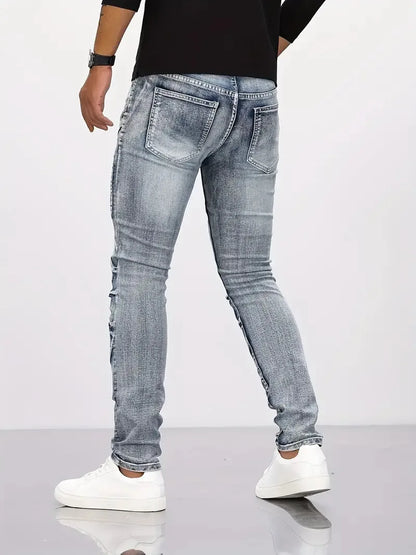 Two tone distressed patchwork jeans for men trendy jeans for summer thin straight leg pants slim fit small leg distressed jeans