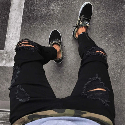 Punk Street Style Ripped Skinny Jeans Men Vintage Wash Solid Denim Trouser Mens Casual Slim Fit Pencil Denim Holes Pants 2025