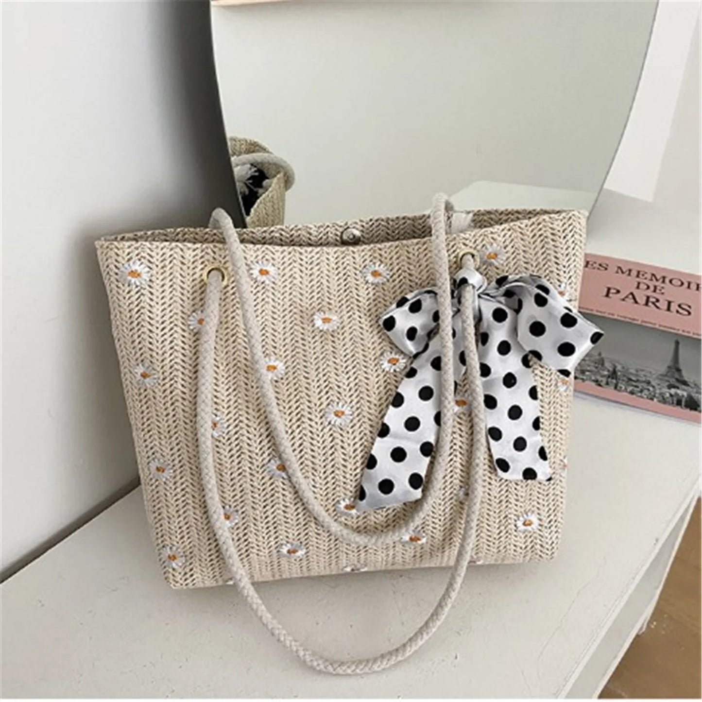 Summer Women Straw Woven Shoulder Bag Straw Bag Flower Embroidery Lace Beach Handbags Casual Ladies Large Capacity Totes Pouch