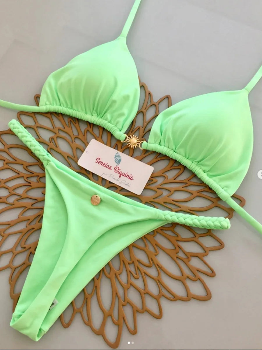 Women's Bikini Swimsuit Women's Split Solid Color Lace-up Sexy Swimsuit 2-piece Set Micro Swimwear