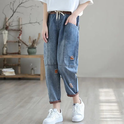 Retro Distressed Cropped Jeans Women Spring Summer Loose Slimming Elastic Waist Casual Harem Pants Thin Summer