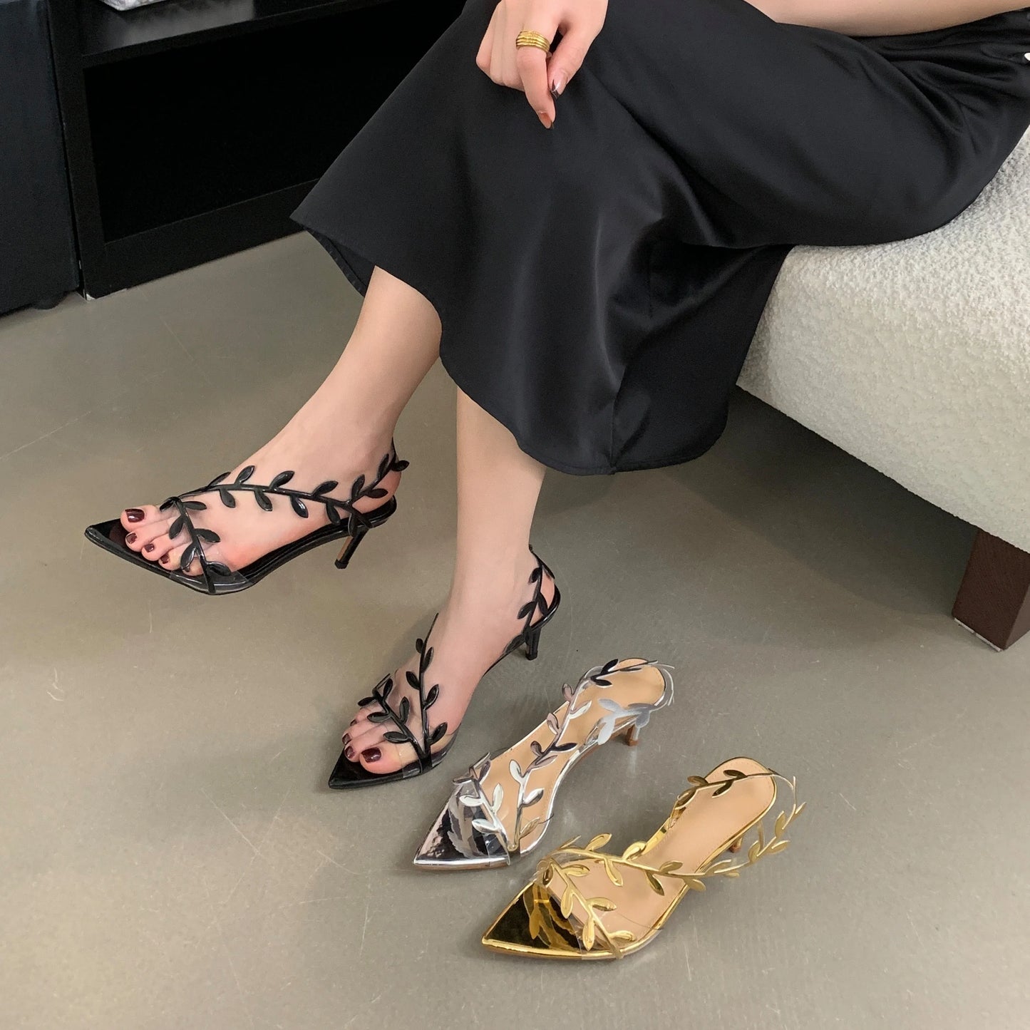 Summer Ladies Silver Heels Fashion Pointed Toe Leaves Party Wedding Gold Heeled Sandals Women