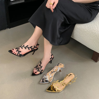 Summer Ladies Silver Heels Fashion Pointed Toe Leaves Party Wedding Gold Heeled Sandals Women