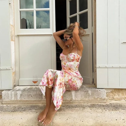 Summer 2025 Women's Floral Print Maxi Dress Sleeveless Beach Style Spaghetti Strap Slim Fit Long Dress for Birthday Party